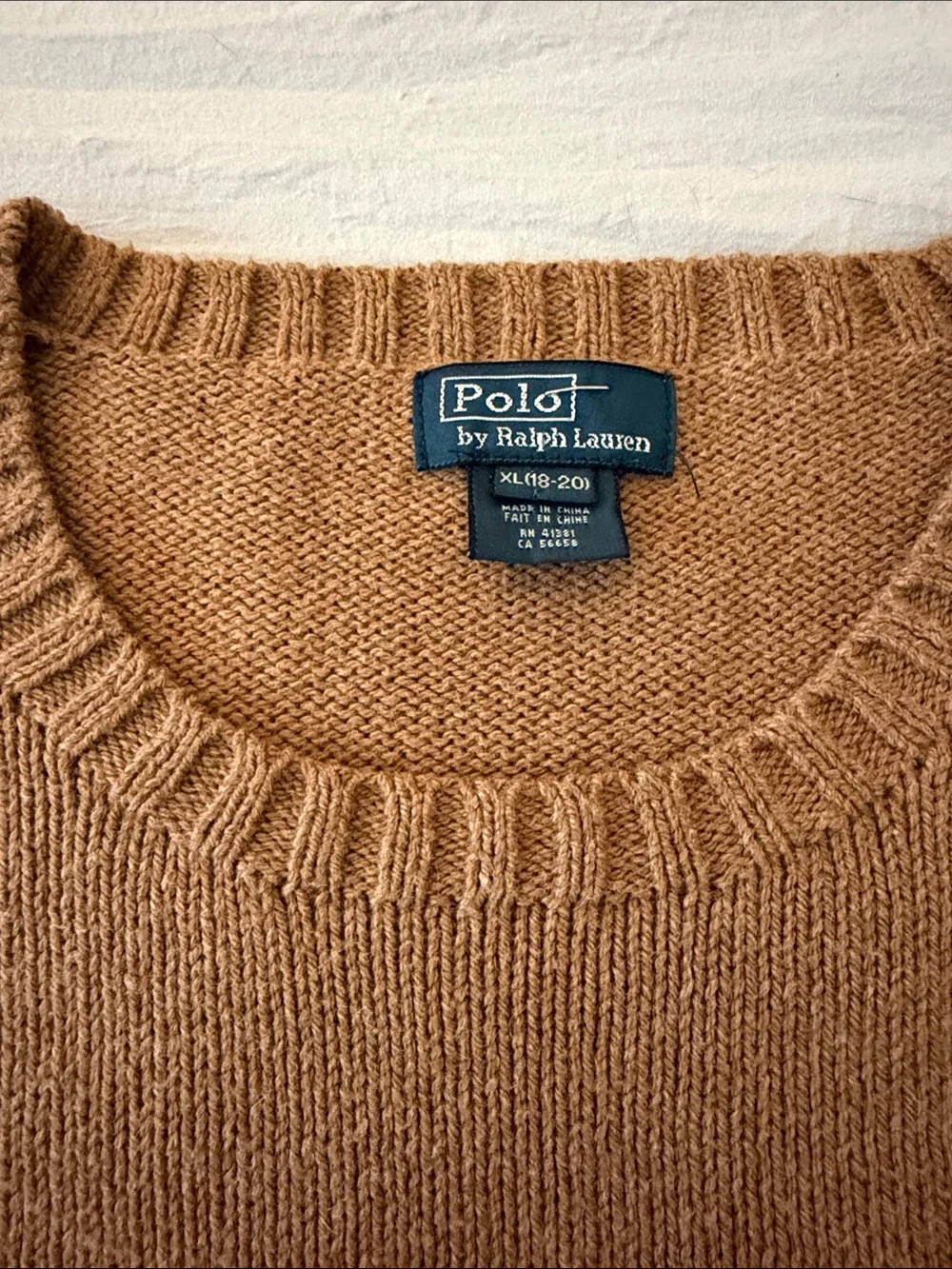 Ralph Lauren Camel Crewneck Sweater with Brown Suede Elbow Patches